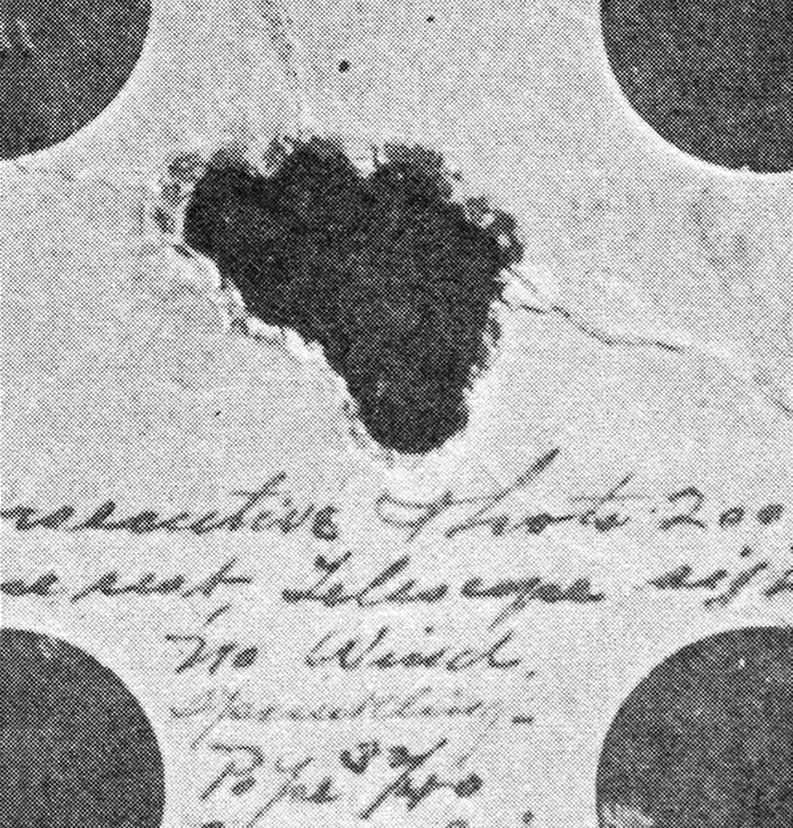 Charles Rowland’s world-record group of .725 inch fired on May 16, 1901 at Boulder, Colorado. Photo reproduced from L.R. Wallack, Modern Accuracy